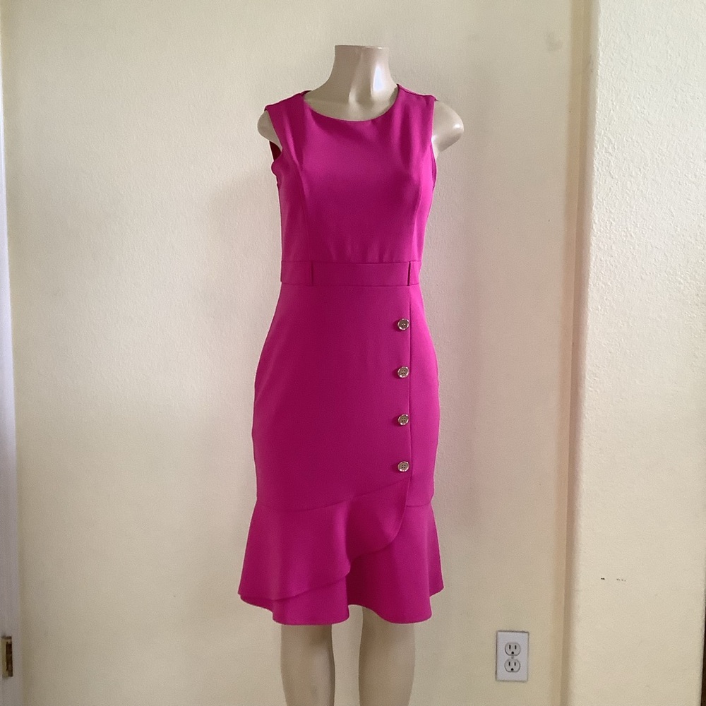 Revelry Sleeveless Fuchsia Sheath Dress with Button Detail